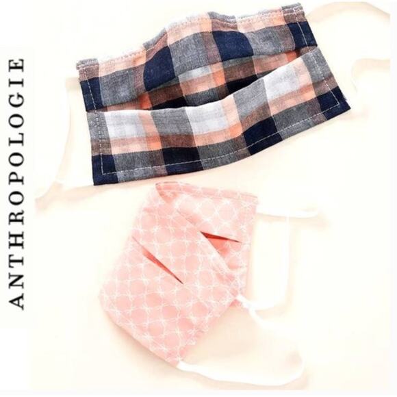 NEW Anthropologie Amadi Ear Loop Reusable Cloth Face Masks Pink Blue Plaid - Picture 1 of 6